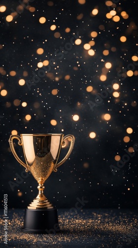 Golden trophy with bokeh lights on a dark background during a celebration event