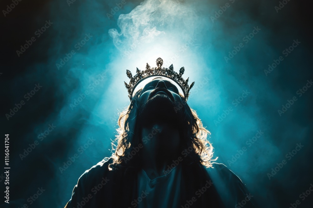 Obraz premium Silhouette of Jesus Christ Wearing a Crown in a Divine Light with Ethereal Atmosphere