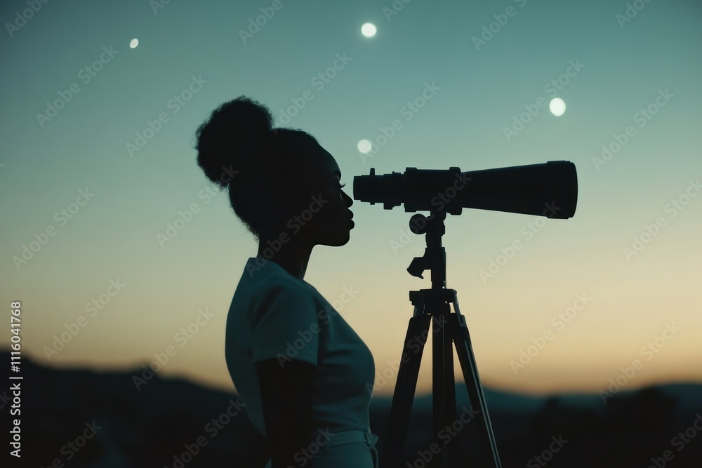Fototapeta premium Woman Stargazing Through Telescope Under Night Sky with Celestial Bodies, Capturing the Beauty of Astronomy and Exploration in a Serene Landscape