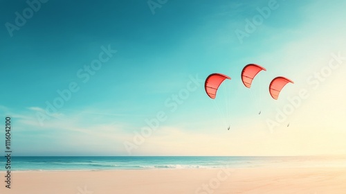 Kite surfers glide over the tranquil beach waters under a clear blue sky at s...