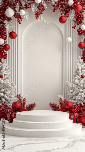 Festive display with red and white decorations for holiday celebrations in a ...