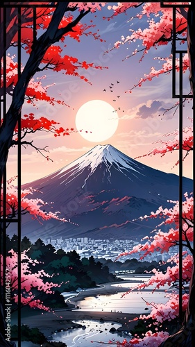 Japanese Autumn at its Best: Pagoda and Mount Fuji View