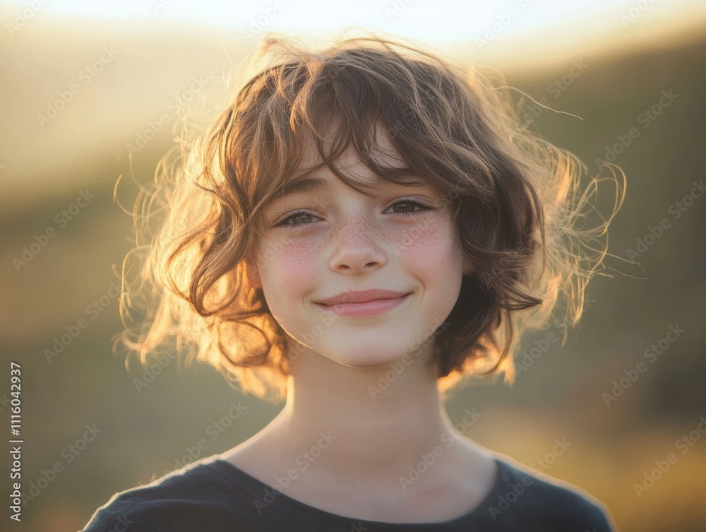 Golden Hour Portrait of a Happy Young Girl with Curly Hair Outdoors Golden Hour Portrait of a Happy Young Girl with Curly Hair Outdoors