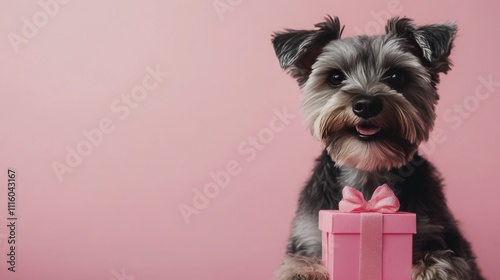 Happy dog holding a pink gift with a cheerful expression in front of a pastel...