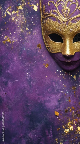 Elegant mask with gold accents against a deep purple background during a fest...