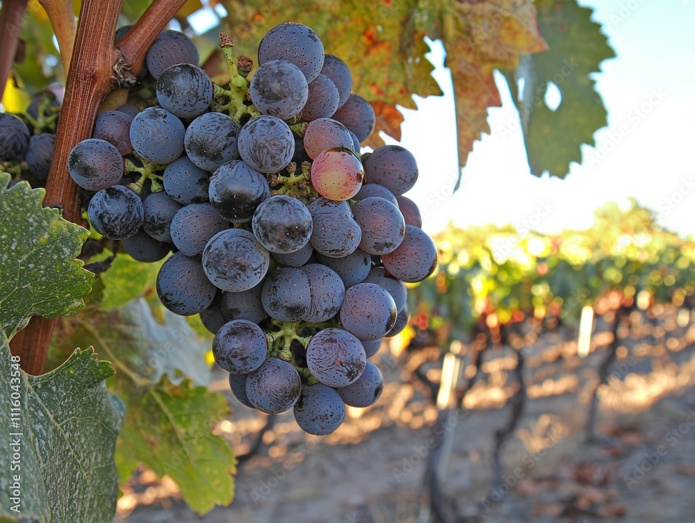 Fototapeta premium A cluster of ripe grapes hanging on a vine in a vineyard at sunrise.