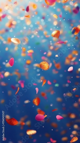 Colorful confetti falling against a vibrant blue background during a festive ...