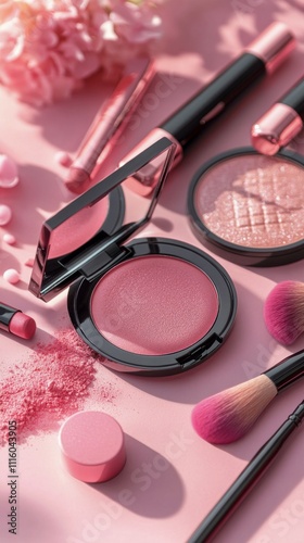 Collection of pink makeup items arranged neatly on a soft pink background for...