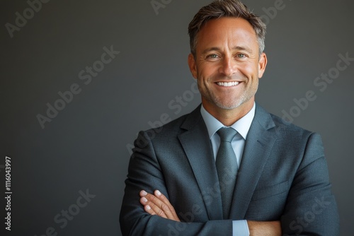Professional man smiles confidently while standing with arms crossed