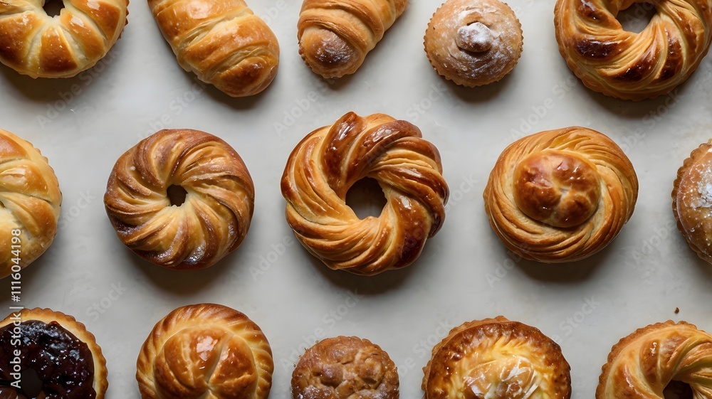 assorted freshly baked pastries, top view assorted freshly baked pastries, top view