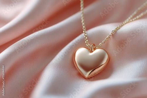 Heart shaped pendant resting on silky pink fabric in soft lighting