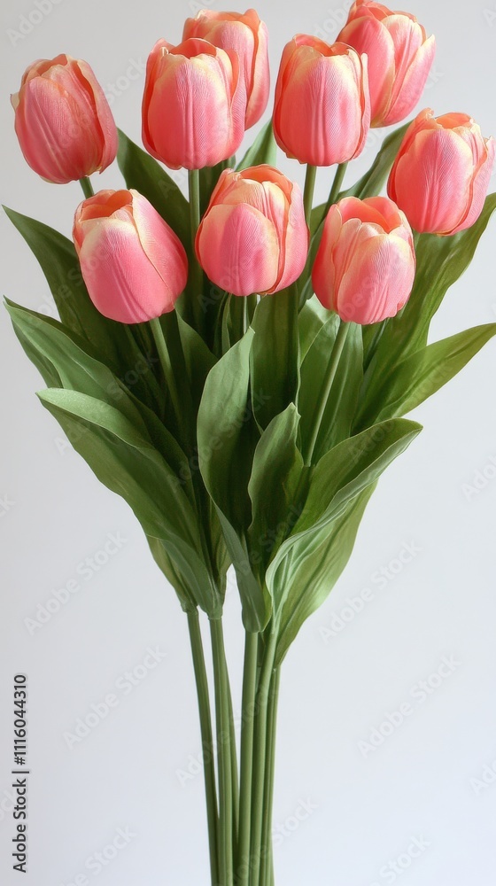 Obraz premium Vibrant pink tulips arranged in a bouquet with green leaves and stems