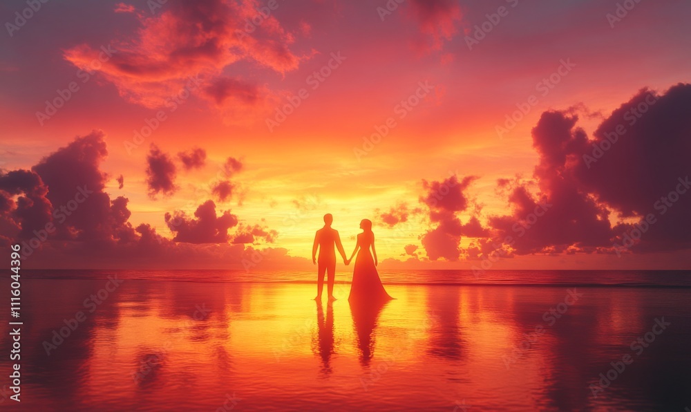 3D newlywed couple holding hands on a beach at sunset, their silhouettes framed by vibrant orange and pink skies 3D newlywed couple holding hands on a beach at sunset, their silhouettes framed by vibrant orange and pink skies