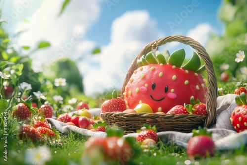 A cheerful strawberry character sits in a rustic basket among fresh strawberries. This playful scene captures the joy of nature. Bright and inviting colors enhance the style. Generative AI. photo