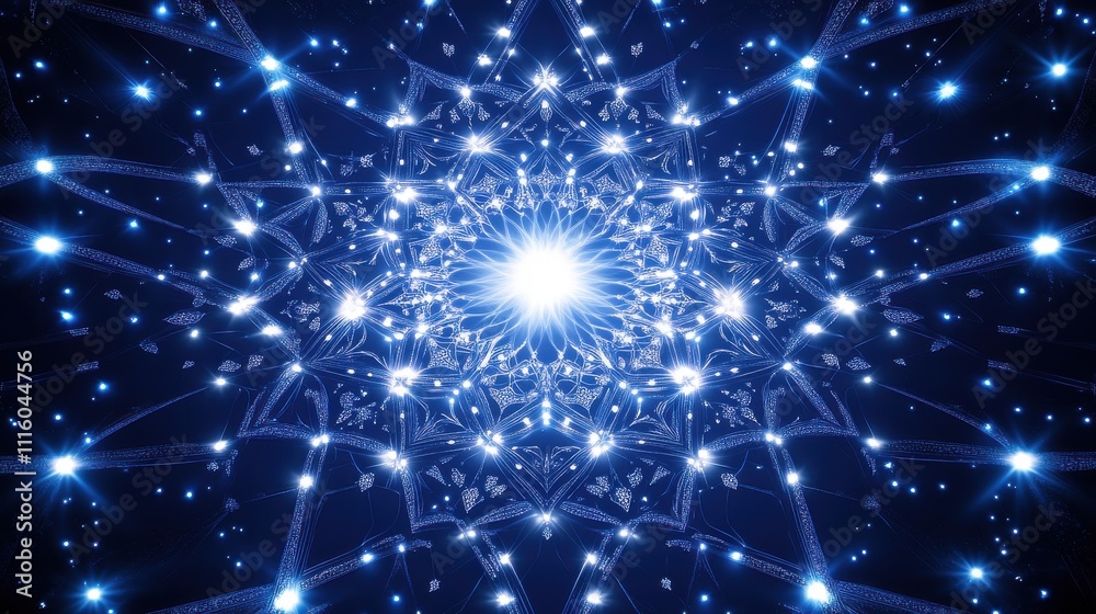 Obraz premium Bright blue abstract fractal flower with glowing core and particles.