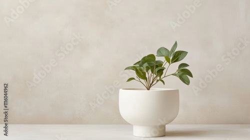 Minimalist plant in white pot against soft beige background, creating serene and calming atmosphere. This simple decor piece enhances any space with its natural beauty