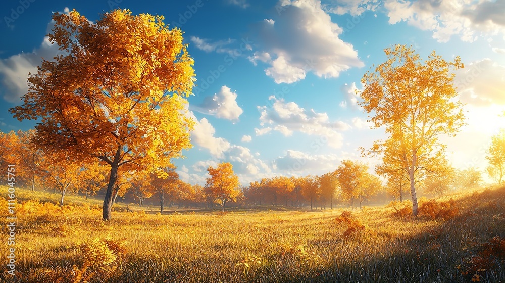 Obraz premium Sunny Autumn Landscape with Golden Trees and Blue Sky