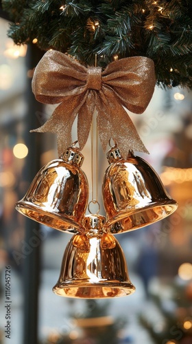 Decorative golden bells hang elegantly with a sparkling bow for festive celeb...