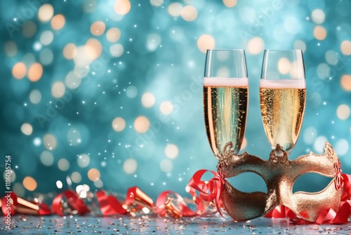 Sparkling drink and golden mask create festive atmosphere for celebration event