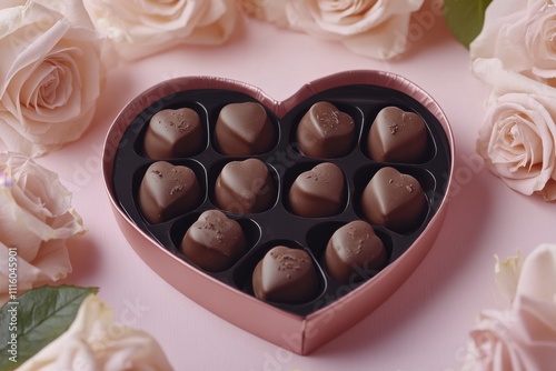 Heart shaped chocolate box surrounded by soft pink roses for romantic occasions