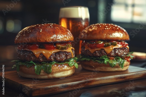 Savory burgers with crispy toppings and a glass of beer on a wooden table