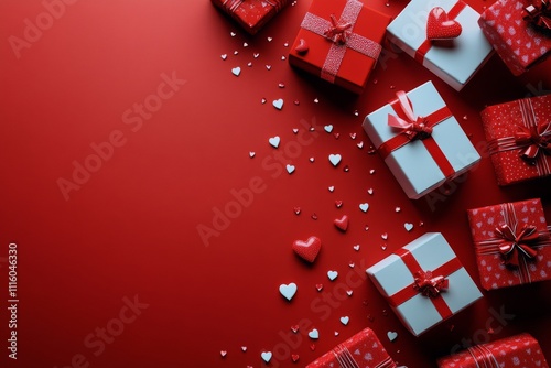 Festive white gift boxes with red ribbons and heart decorations on a vibrant ...