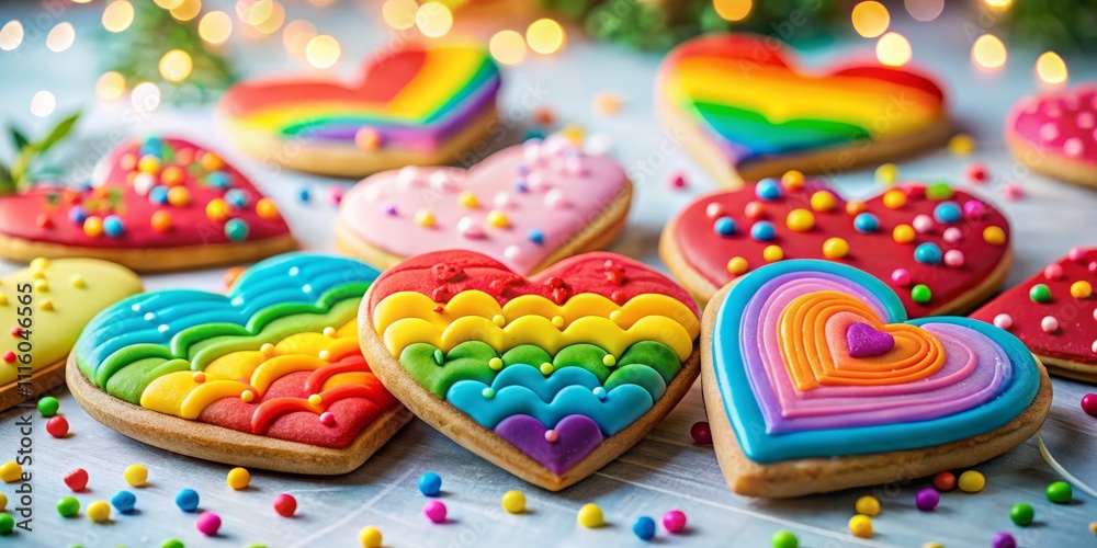 Obraz premium Assorted Heart-Shaped Love Cookies with Rainbow Frosting on White Background - Mockup Template for Artwork Design Featuring Bokeh Effect and Various Creative Designs