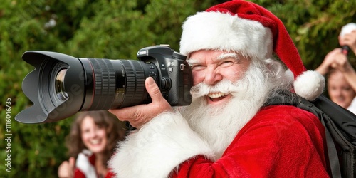 Cheerful Santa Claus with a professional camera, capturing the festive spirit in a vibrant outdoor setting. Ideal for holiday photography and Christmas-themed visuals.