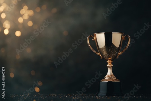 Golden trophy awarded for excellence displayed on a festive background during...
