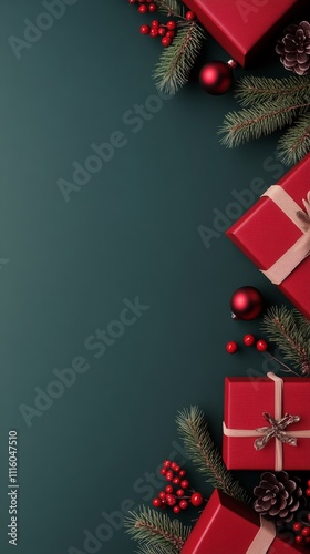 Festive holiday gifts surrounded by evergreen branches and ornaments on a dar...