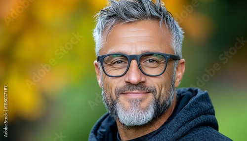 Smiling man with glasses enjoys a sunny day surrounded by colorful autumn leaves