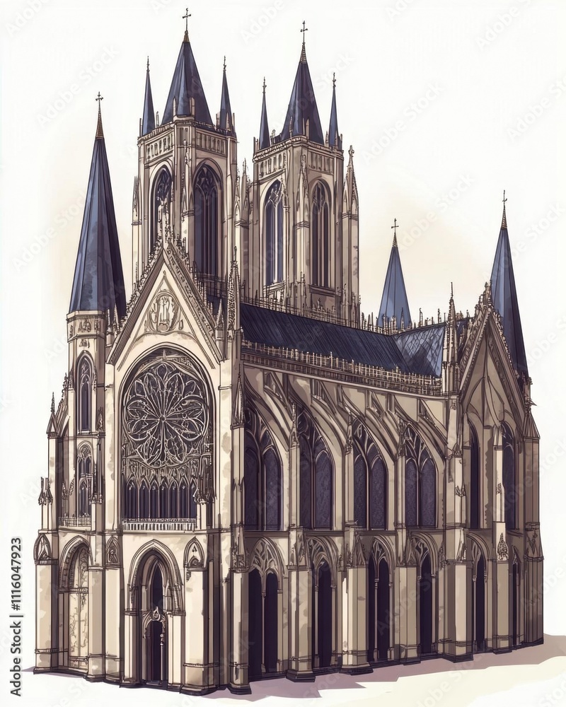 A detailed illustration of a Gothic cathedral with spires and rose window. A detailed illustration of a Gothic cathedral with spires and rose window.