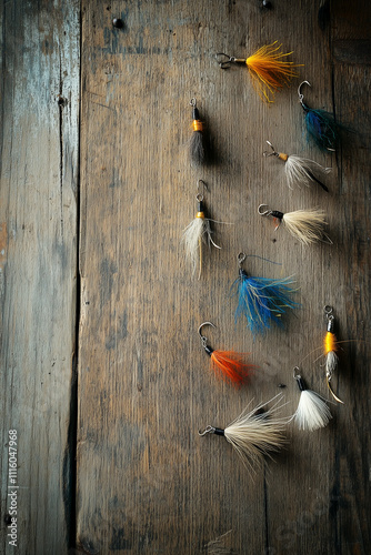 Fly fishing flies on a rustic wooden background photo