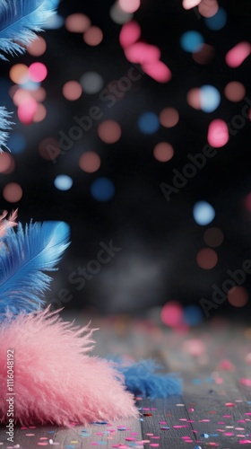 Colorful masquerade mask with feathers and sparkles on a festive background