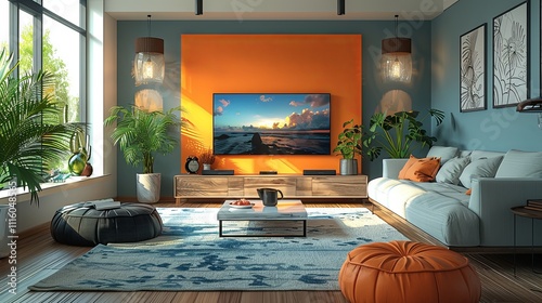 Stylish living room featuring an orange accent wall, a flat-screen TV, speakers, indoor plants, cozy sofas, and decor elements.
