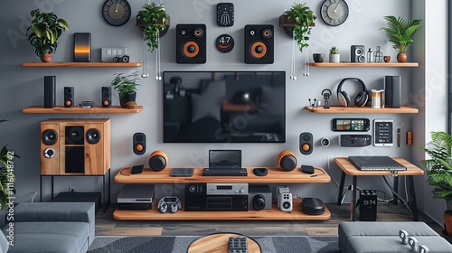 Stylish living room featuring an orange accent wall, a flat-screen TV, speakers, indoor plants, cozy sofas, and decor elements.
