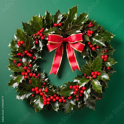 Achristmas wreath on green background generated by AI photo