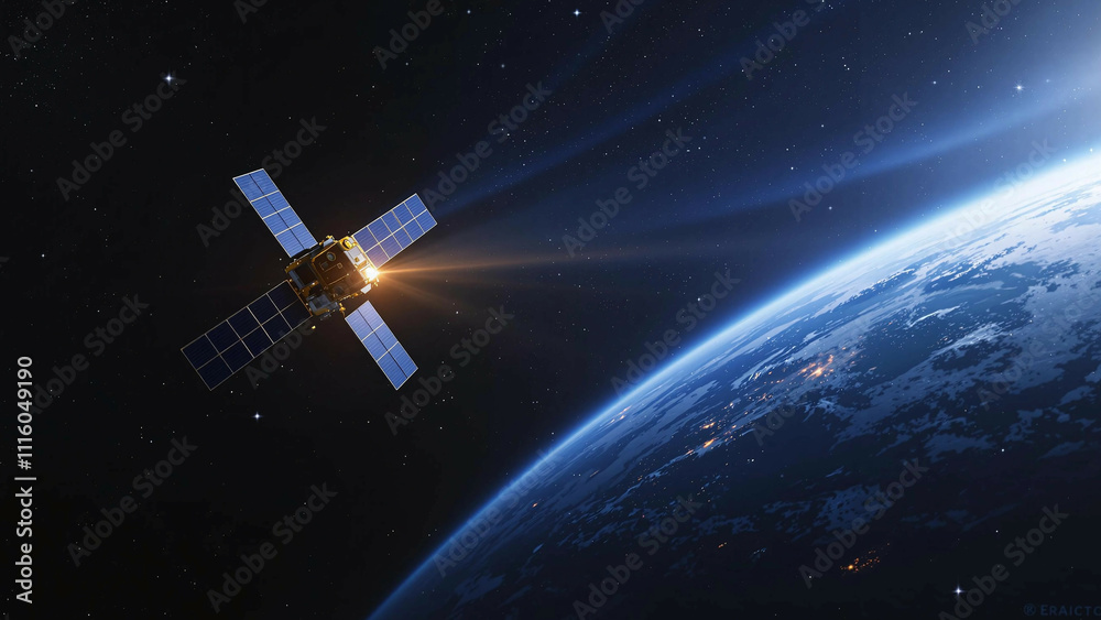 Satellite Transmitting Golden Light in Earth Orbit Satellite Transmitting Golden Light in Earth Orbit