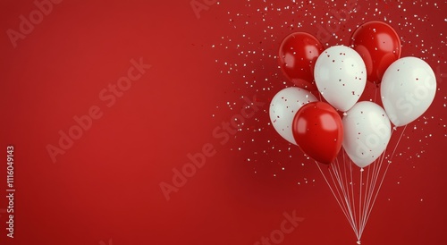 Colorful red and white balloons with confetti against a vibrant background