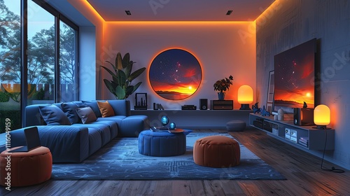 Stylish living room featuring an orange accent wall, a flat-screen TV, speakers, indoor plants, cozy sofas, and decor elements.
