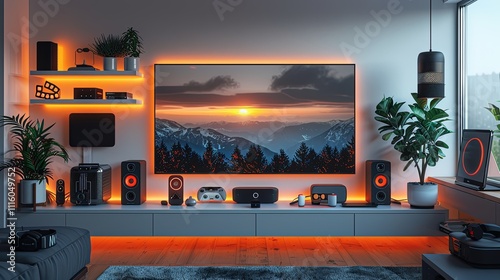 Stylish living room featuring an orange accent wall, a flat-screen TV, speakers, indoor plants, cozy sofas, and decor elements.
