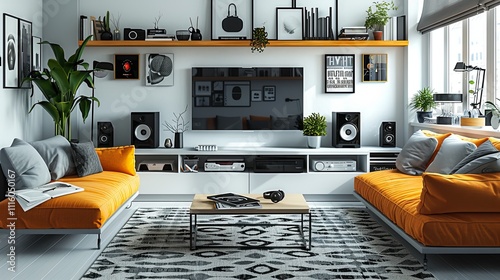 Stylish living room featuring an orange accent wall, a flat-screen TV, speakers, indoor plants, cozy sofas, and decor elements.
