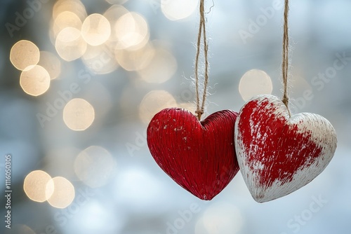 Decorative red and white hearts hanging together in soft background lights