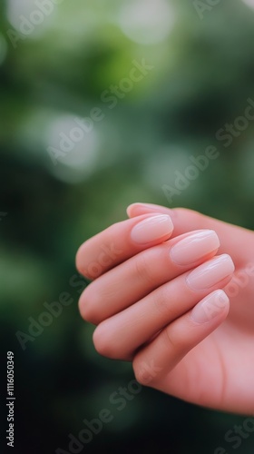 Elegant manicure with neutral polish against lush green foliage background