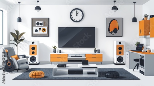 Stylish living room featuring an orange accent wall, a flat-screen TV, speakers, indoor plants, cozy sofas, and decor elements.
