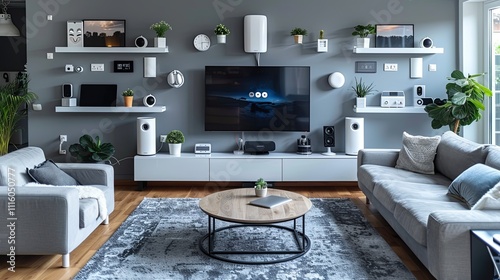 Stylish living room featuring an orange accent wall, a flat-screen TV, speakers, indoor plants, cozy sofas, and decor elements.
