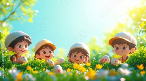 Children enjoying an egg hunt in a sunny meadow filled with flowers