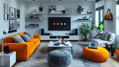 Stylish living room featuring an orange accent wall, a flat-screen TV, speakers, indoor plants, cozy sofas, and decor elements.
