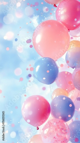 Colorful balloons floating against a bright blue sky during a festive celebra...