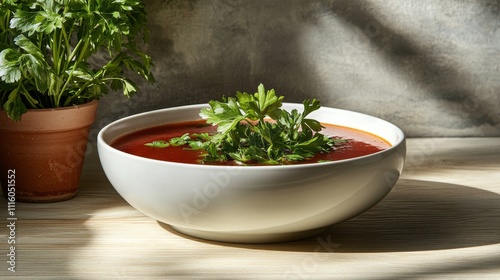 Warm and hearty soup served in a white bowl with green herbs on top